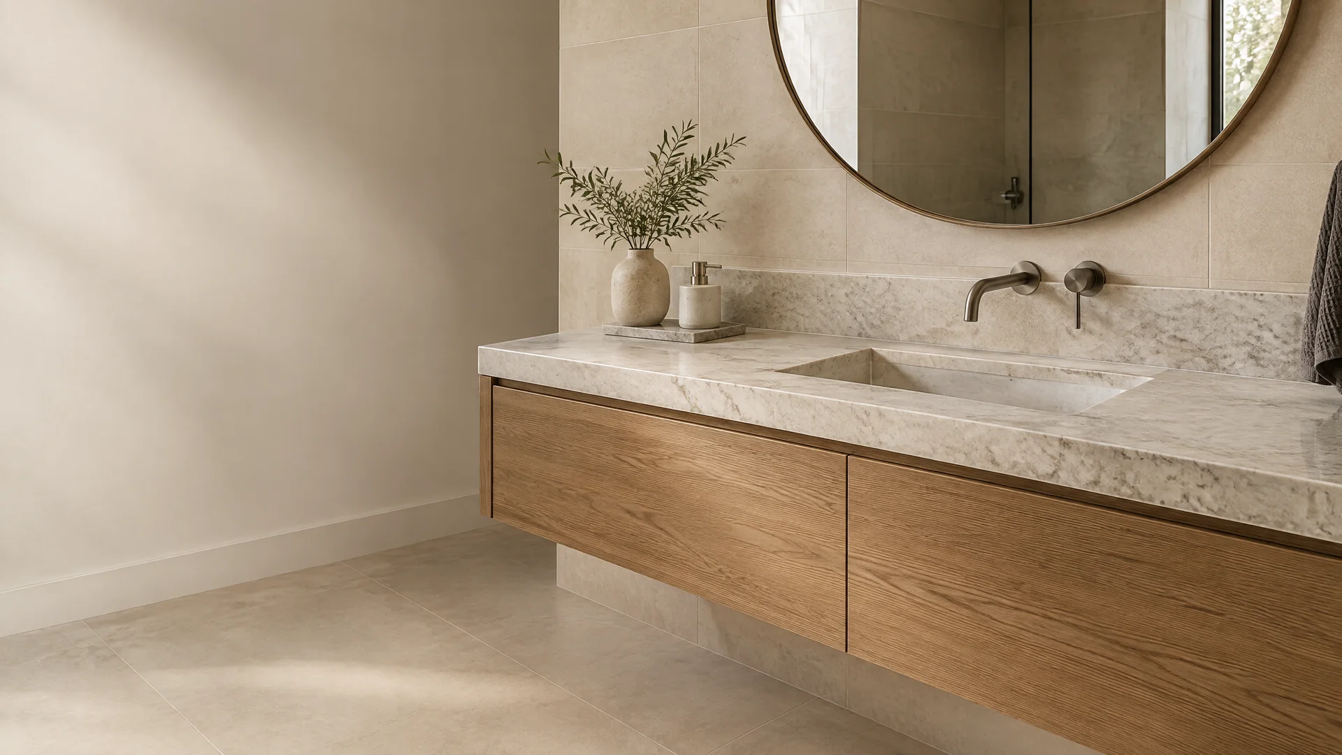 Editorial bathroom vanity visualization with pale veined stone, basin, tile, and warm-oak cabinetry