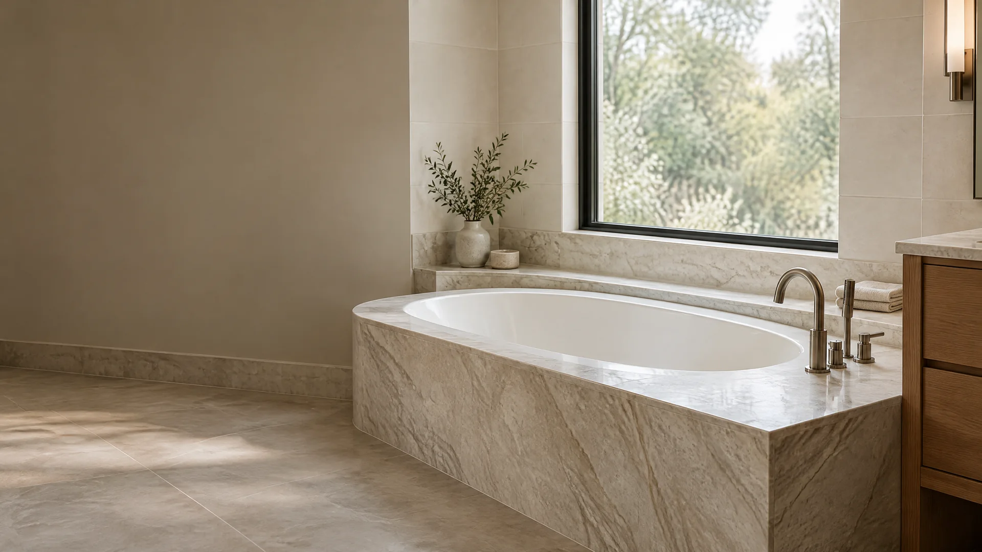 Editorial bathtub surround visualization with pale veined stone deck, ledge, fixtures, and warm-oak vanity