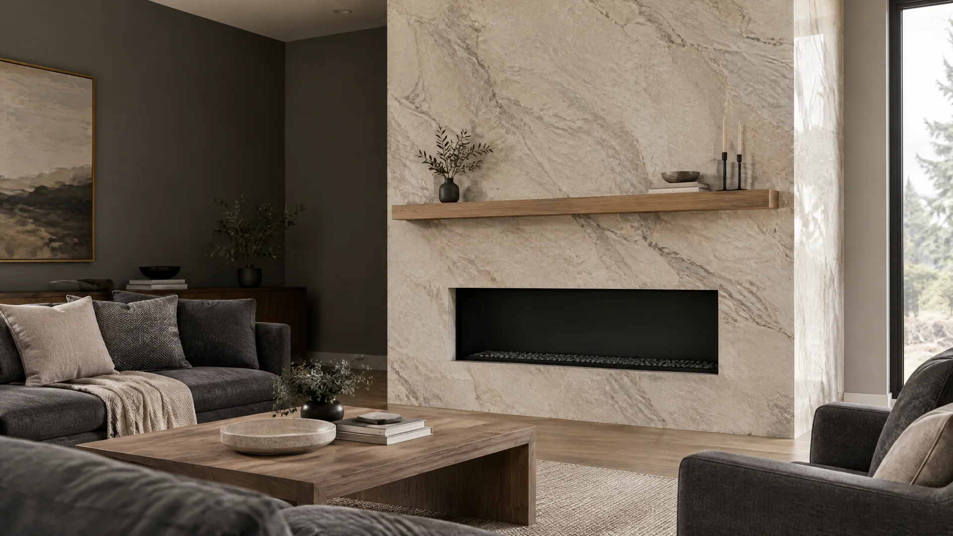 Editorial fireplace surround visualization with full-height pale stone, linear opening, and natural-oak mantle