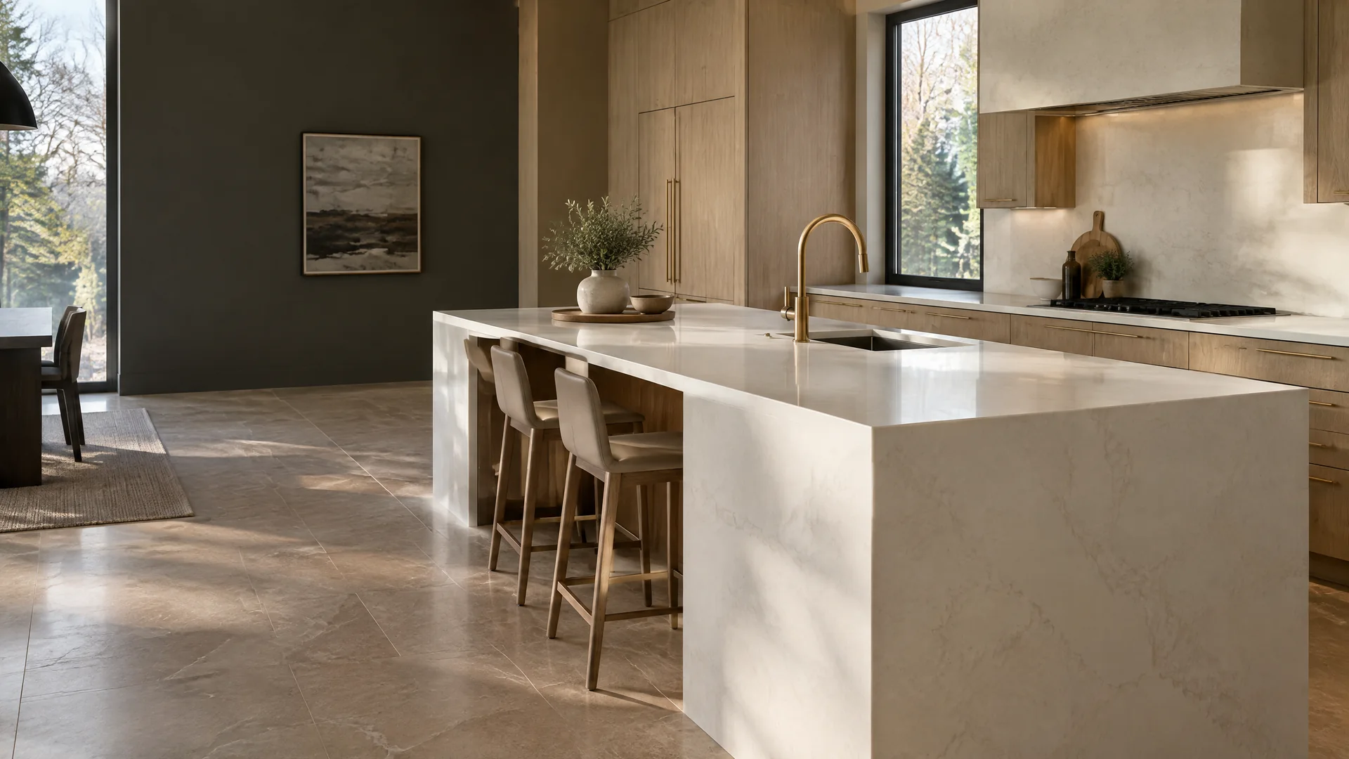 Editorial kitchen countertop visualization with warm-white stone island and light-oak cabinetry