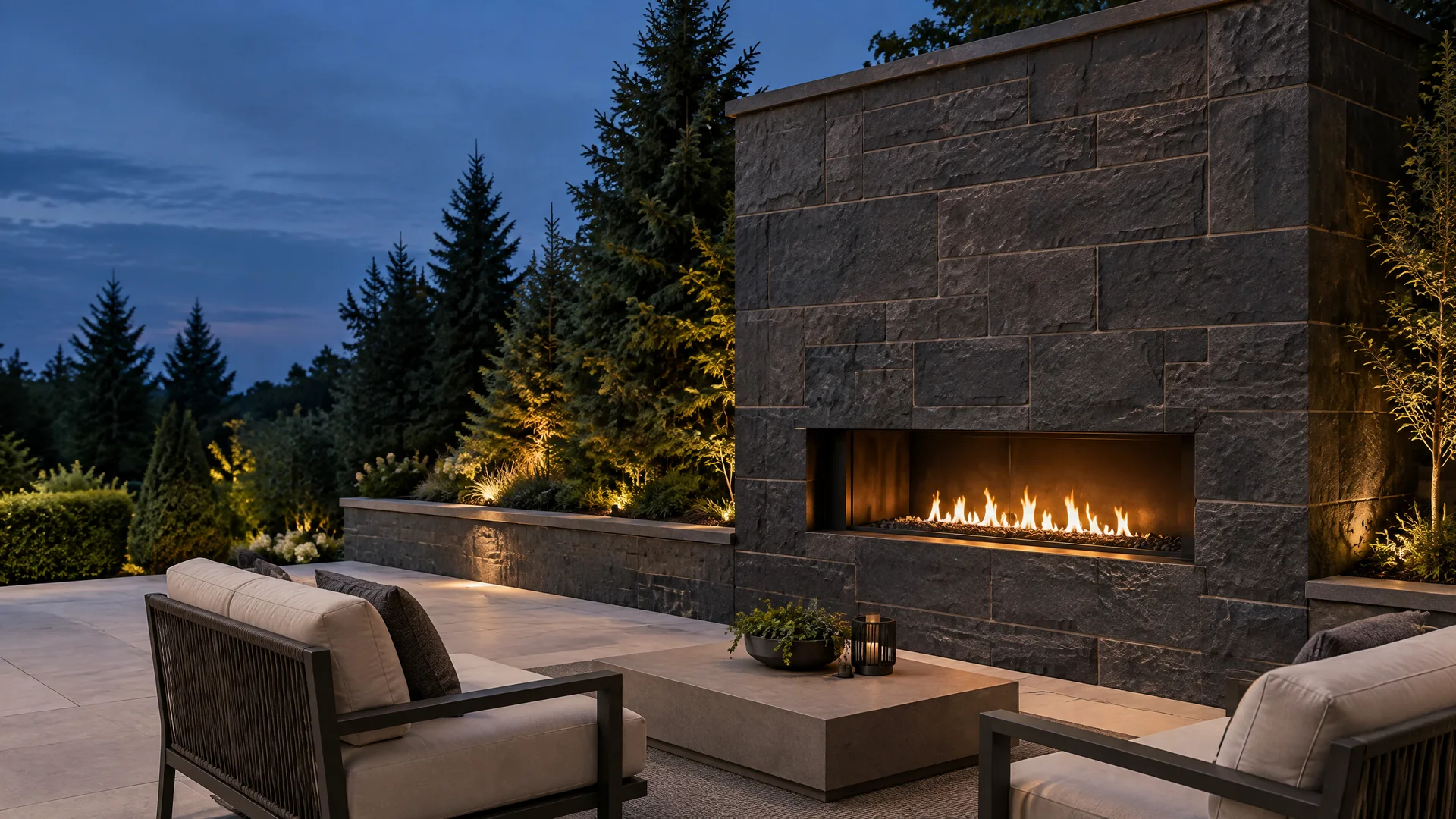 Editorial outdoor fireplace visualization with a dark stone feature wall on a landscaped terrace