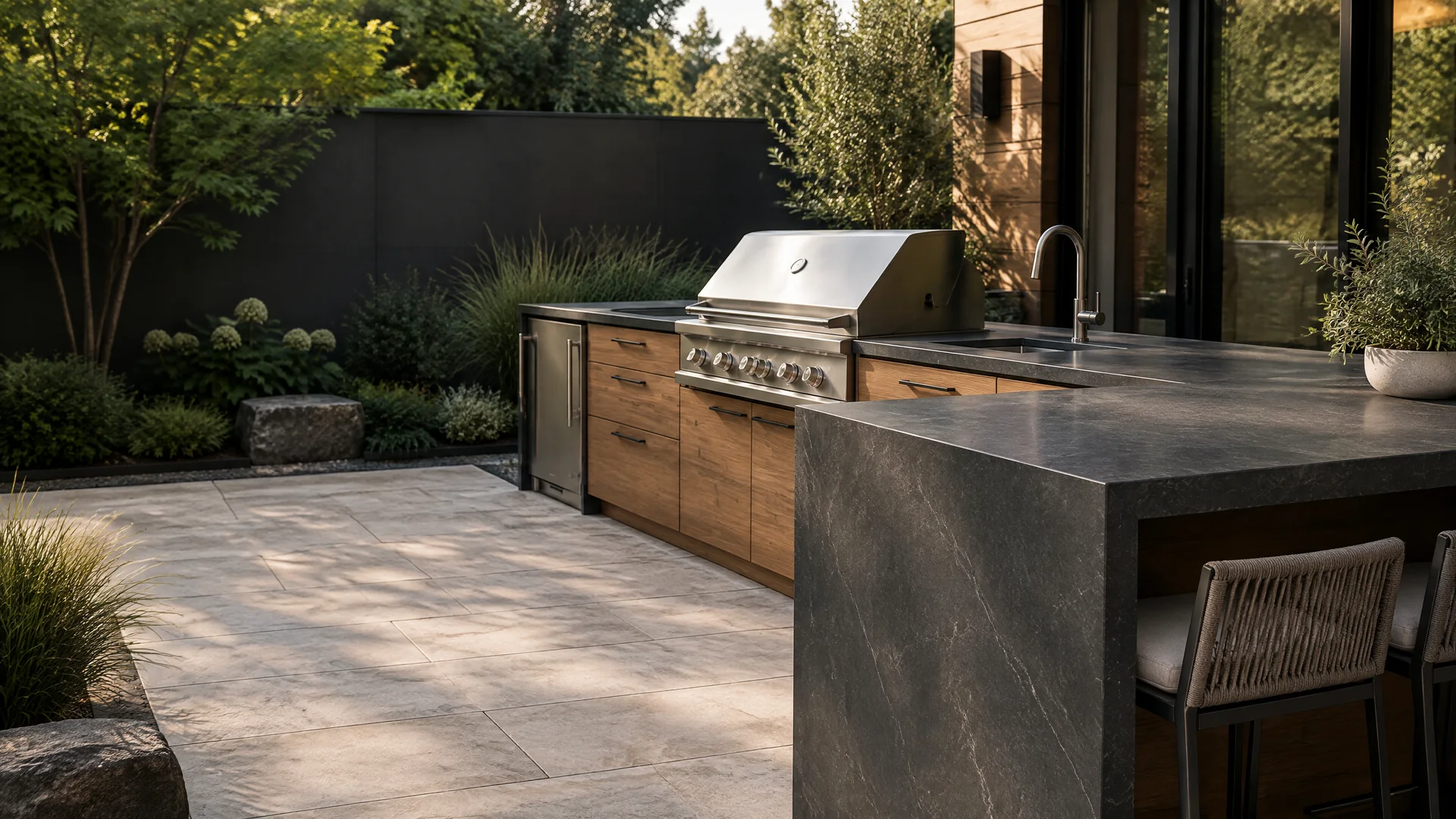 Editorial outdoor kitchen visualization with dark stone counter, waterfall bar, grill, sink, and warm wood cabinetry